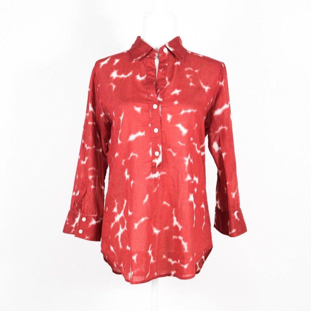theory Tie Dye 1/2-Button Tunic Semi-Sheer Blouse Bracelet Sleeve Chili Red M